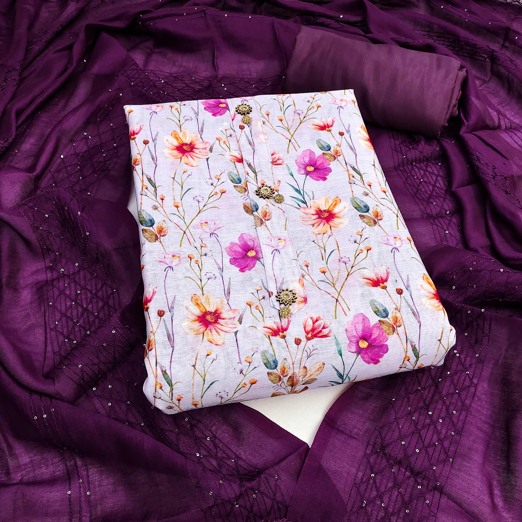 Purple Linen Fabric with Serene Floral Patterns for Casual Looks