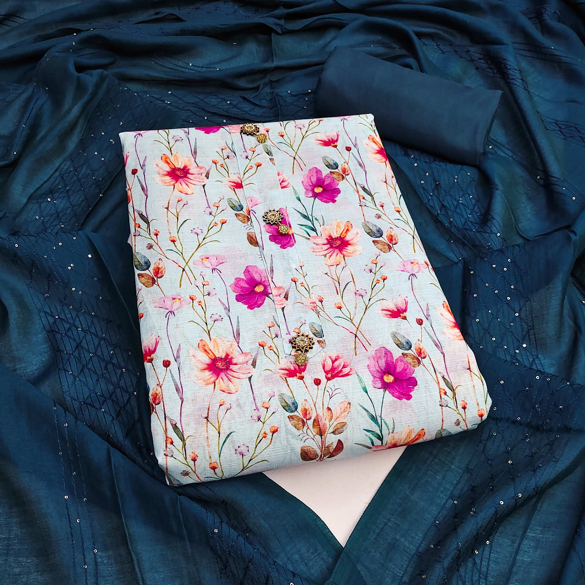 Teal Linen Fabric with Serene Floral Patterns for Casual Looks