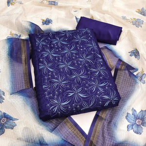 Blue Unstitched Suit Material in Kota Doria with Floral Threadwork