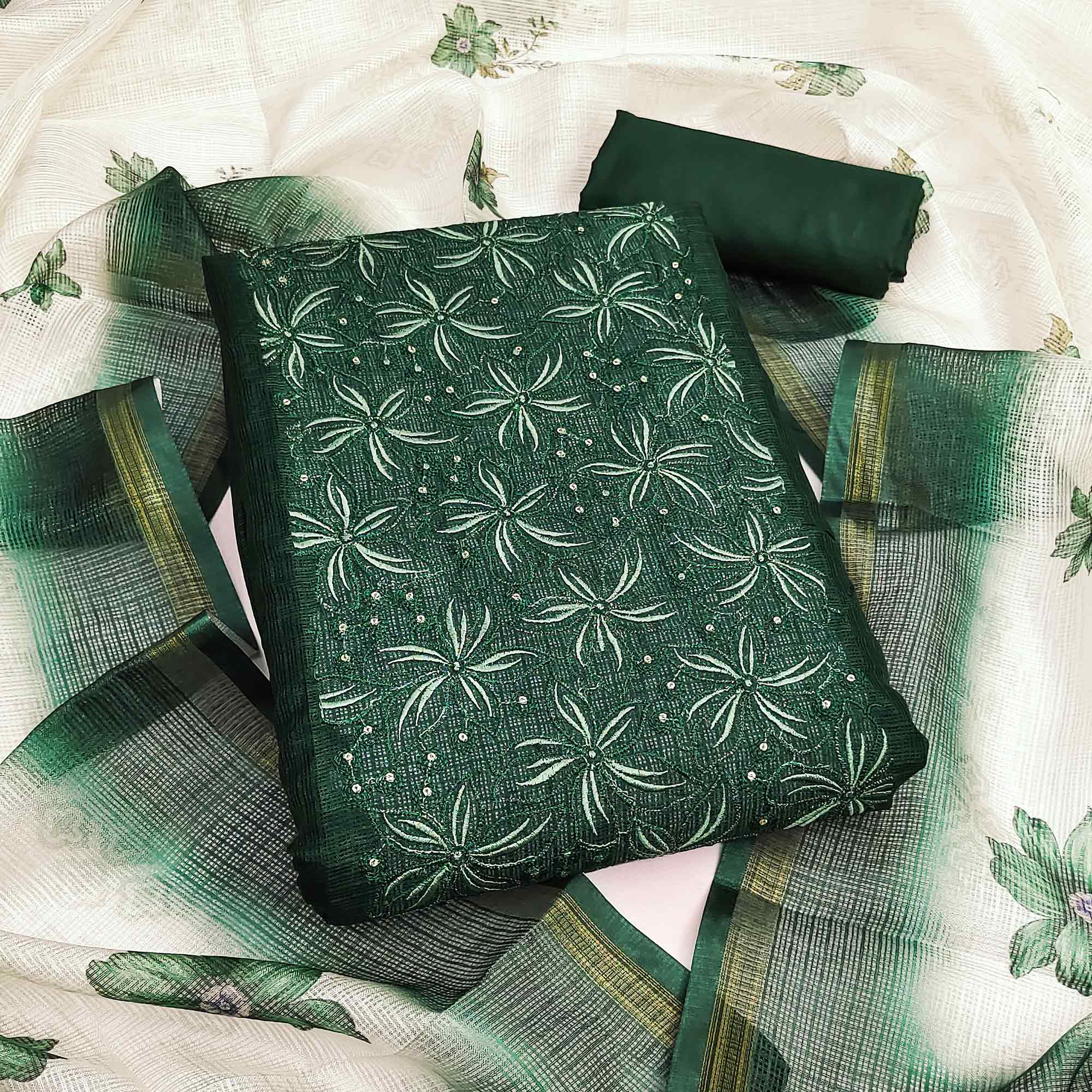 Green Unstitched Suit Material in Kota Doria with Floral Threadwork
