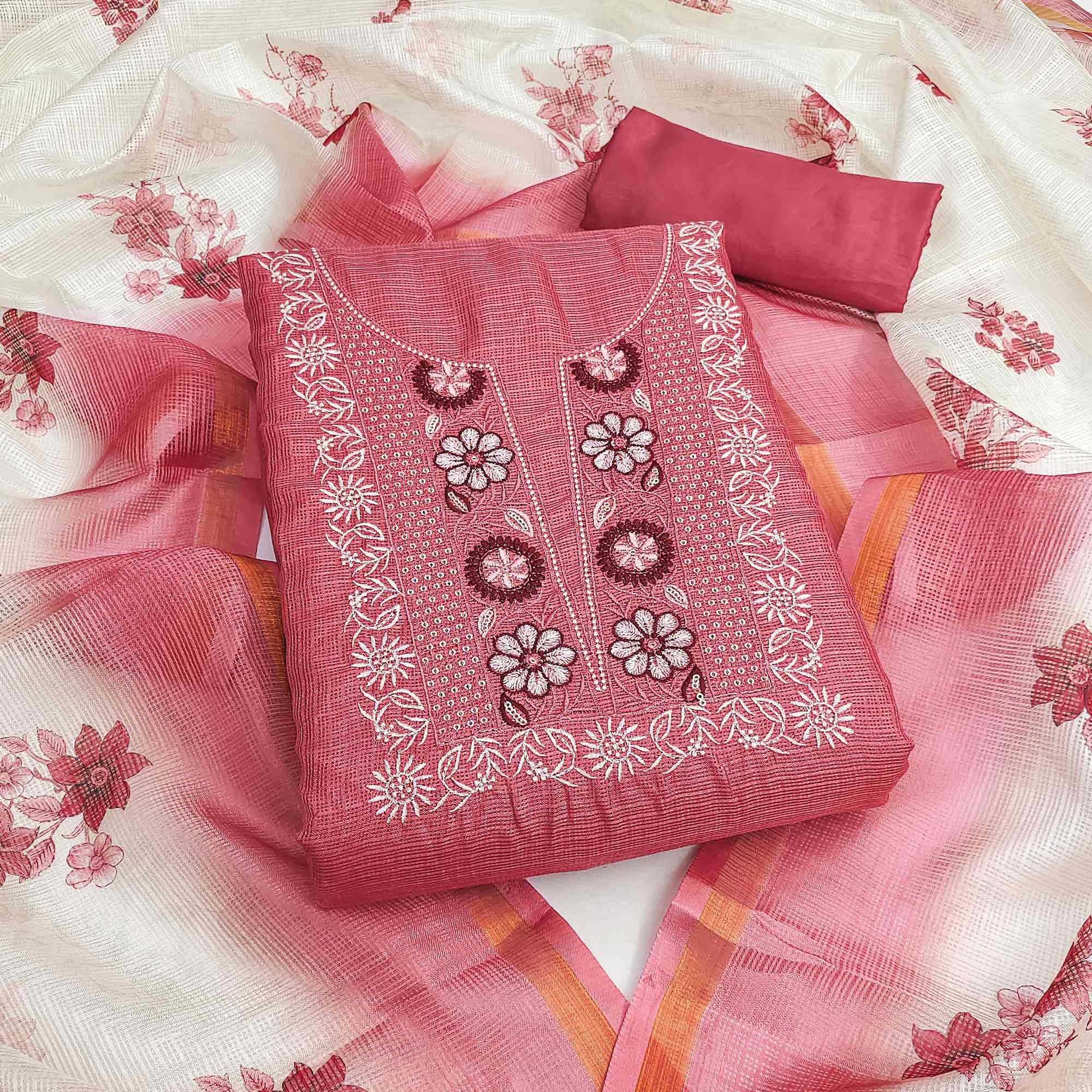 Peach Kota Doria Fabric with Beautifully Embroidered Floral Designs