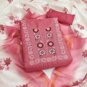 Peach Kota Doria Fabric with Beautifully Embroidered Floral Designs