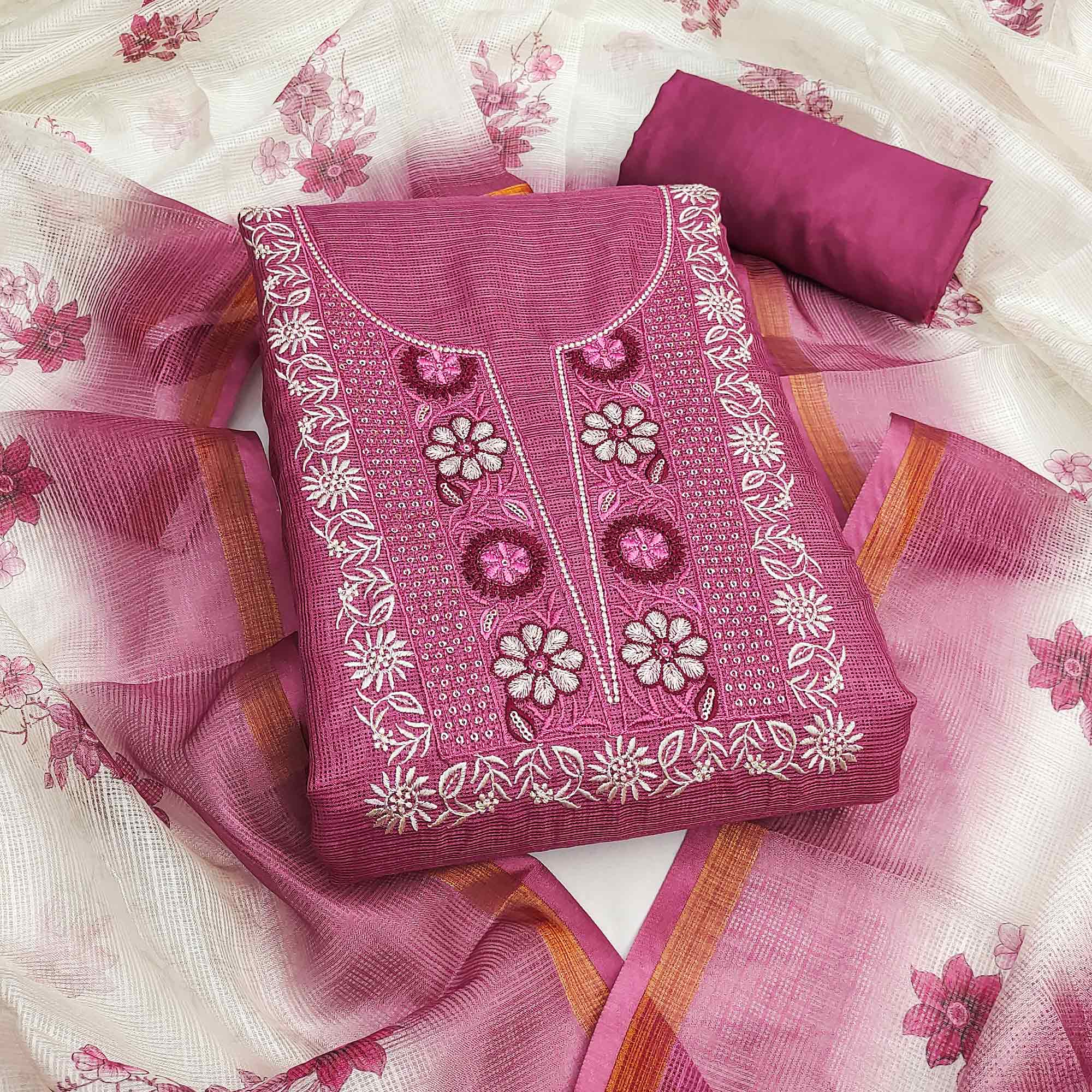 Pink Kota Doria Fabric with Beautifully Embroidered Floral Designs
