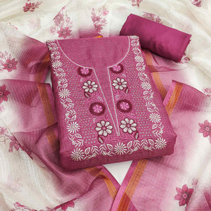 Pink Kota Doria Fabric with Beautifully Embroidered Floral Designs