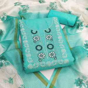 Turquoise Kota Doria Fabric with Beautifully Embroidered Floral Designs