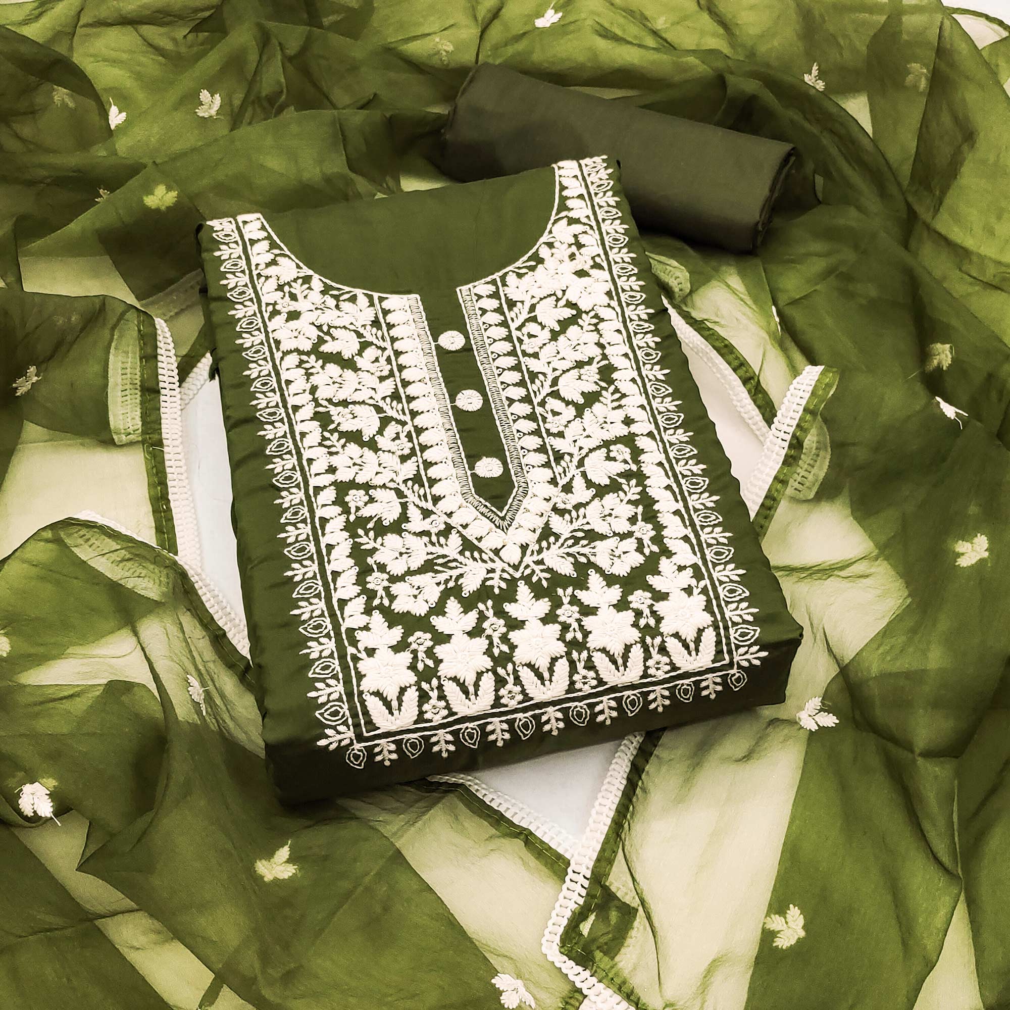 Soft Viscose Fabric in Green with Delicate Floral Work