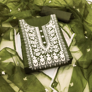 Soft Viscose Fabric in Green with Delicate Floral Work