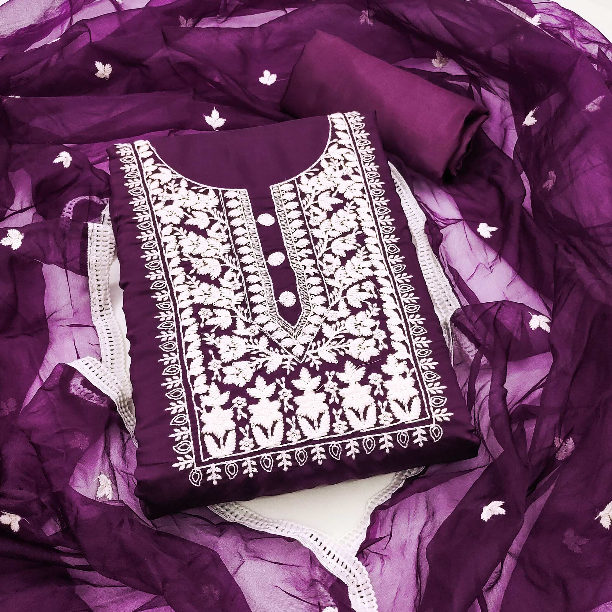 Soft Viscose Fabric in Purple with Delicate Floral Work