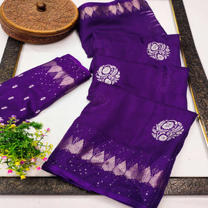 Festive Purple Dola Silk Saree with Printed Florals & Heritage Border Work