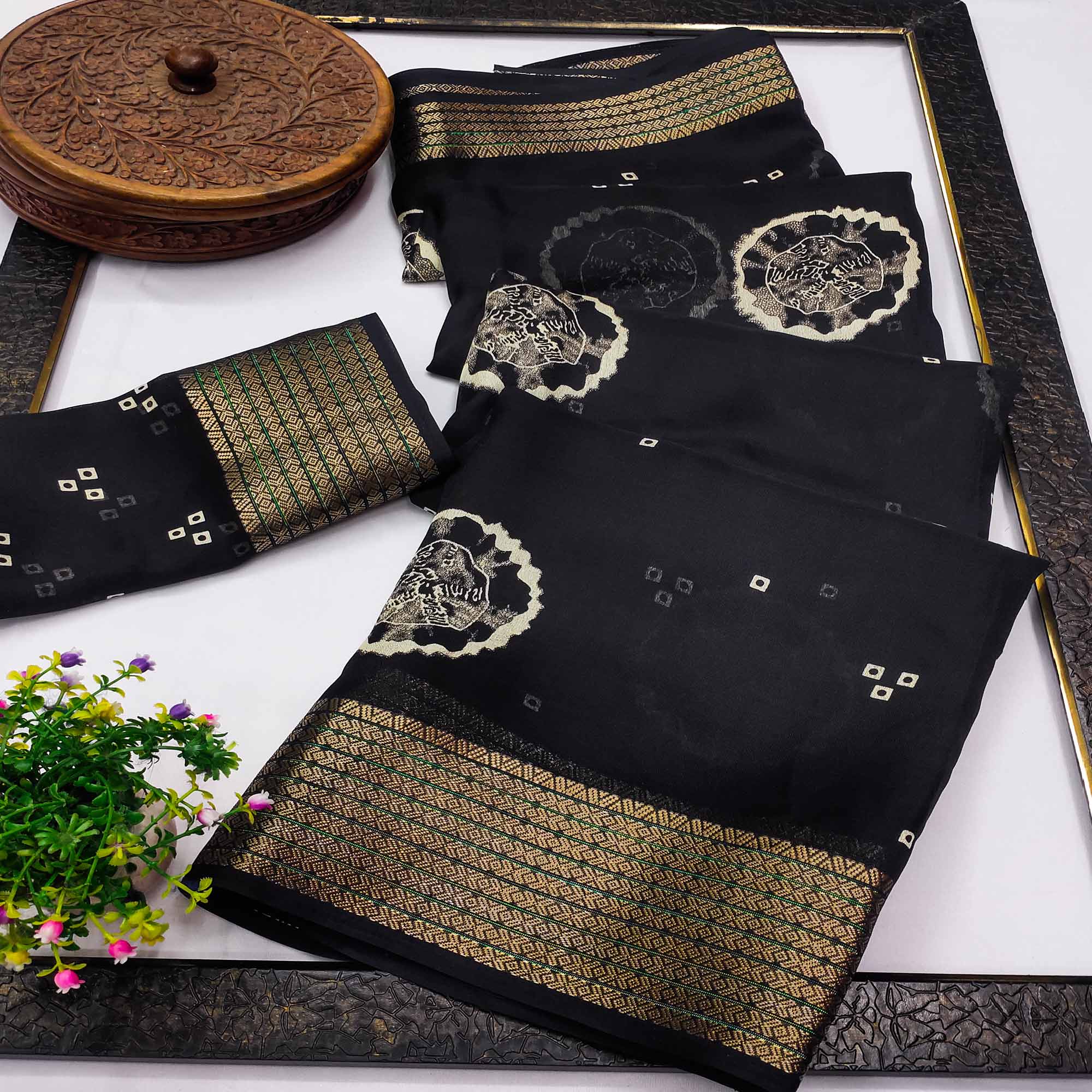 Designer Black Satin Saree with Abstract Art Print & Elegant Border Weave