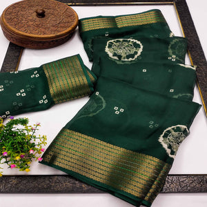Designer Green Satin Saree with Abstract Art Print & Elegant Border Weave