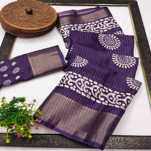 Classic Deep Violet Dola Silk Saree Adorned with Floral Motifs & Rich Zari Work