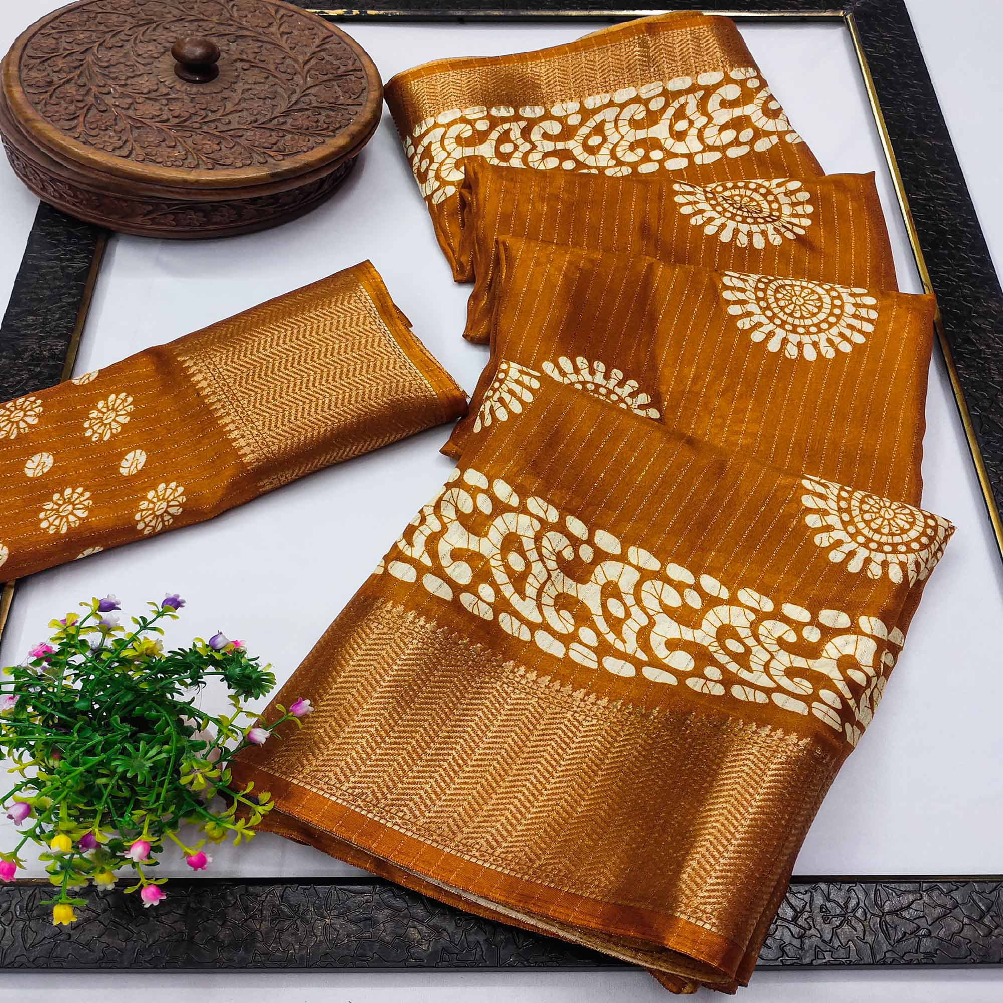Classic Mustard Dola Silk Saree Adorned with Floral Motifs & Rich Zari Work
