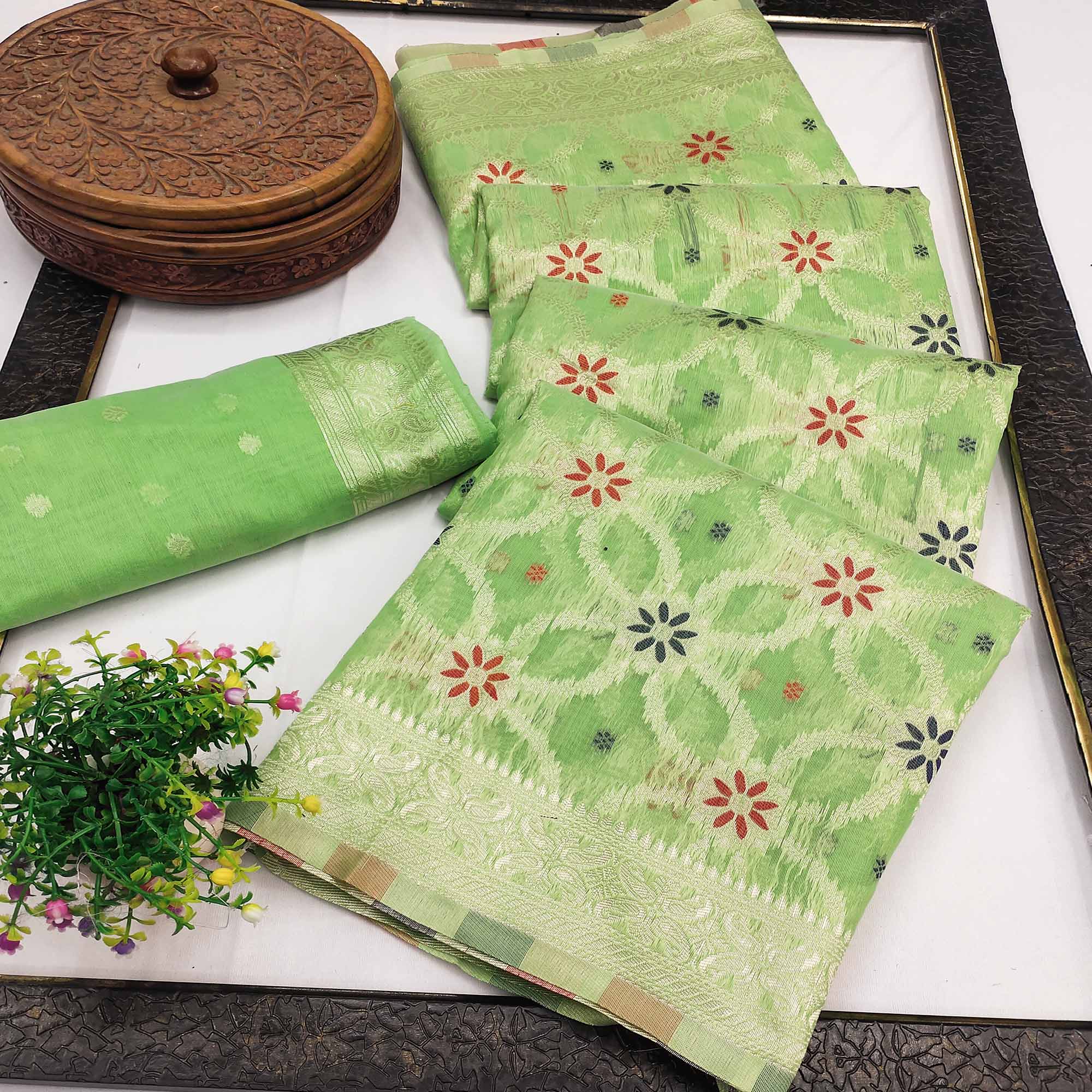 Rich Light Green Saree in Banarasi Silk with Heritage Floral Zari Design