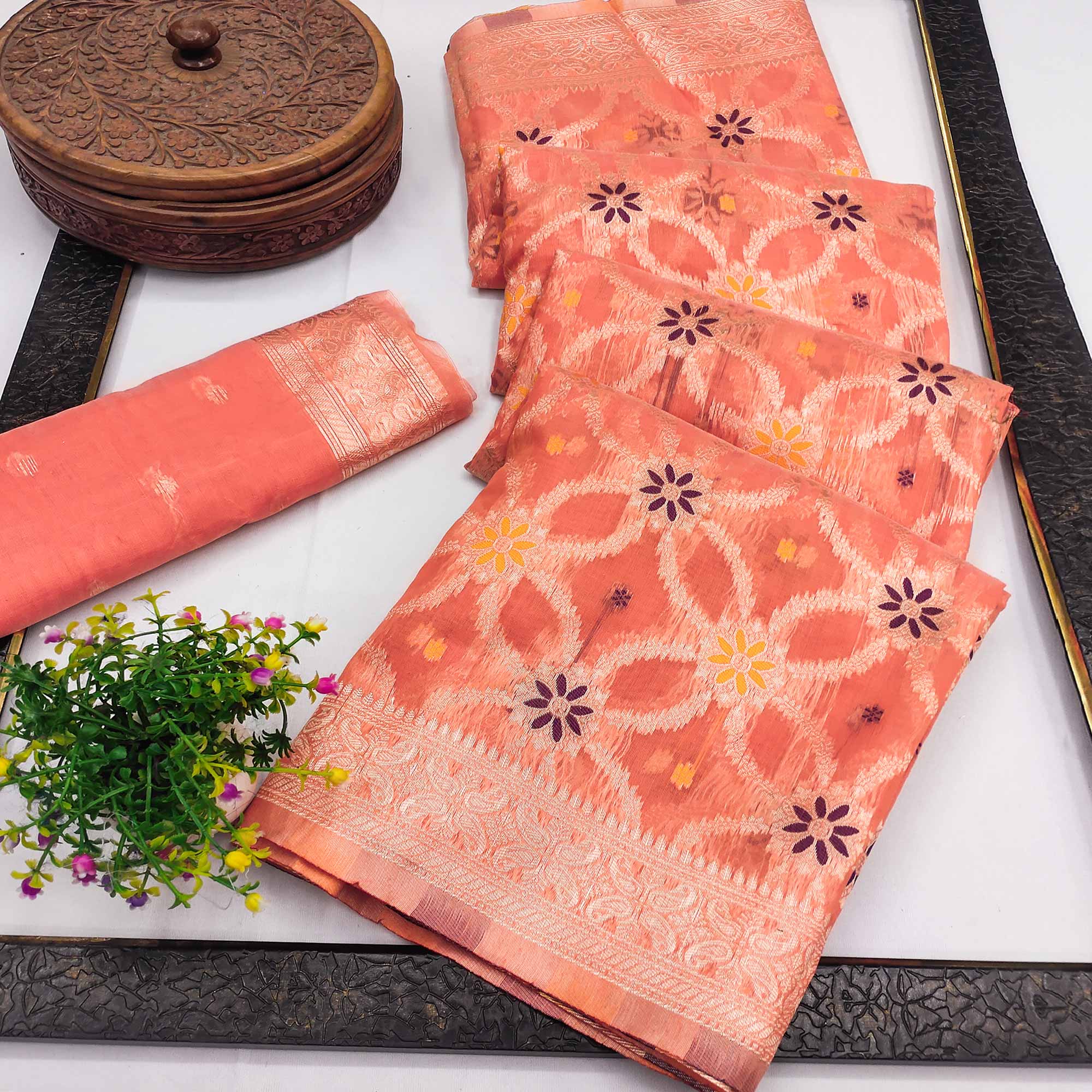 Rich Peach Saree in Banarasi Silk with Heritage Floral Zari Design