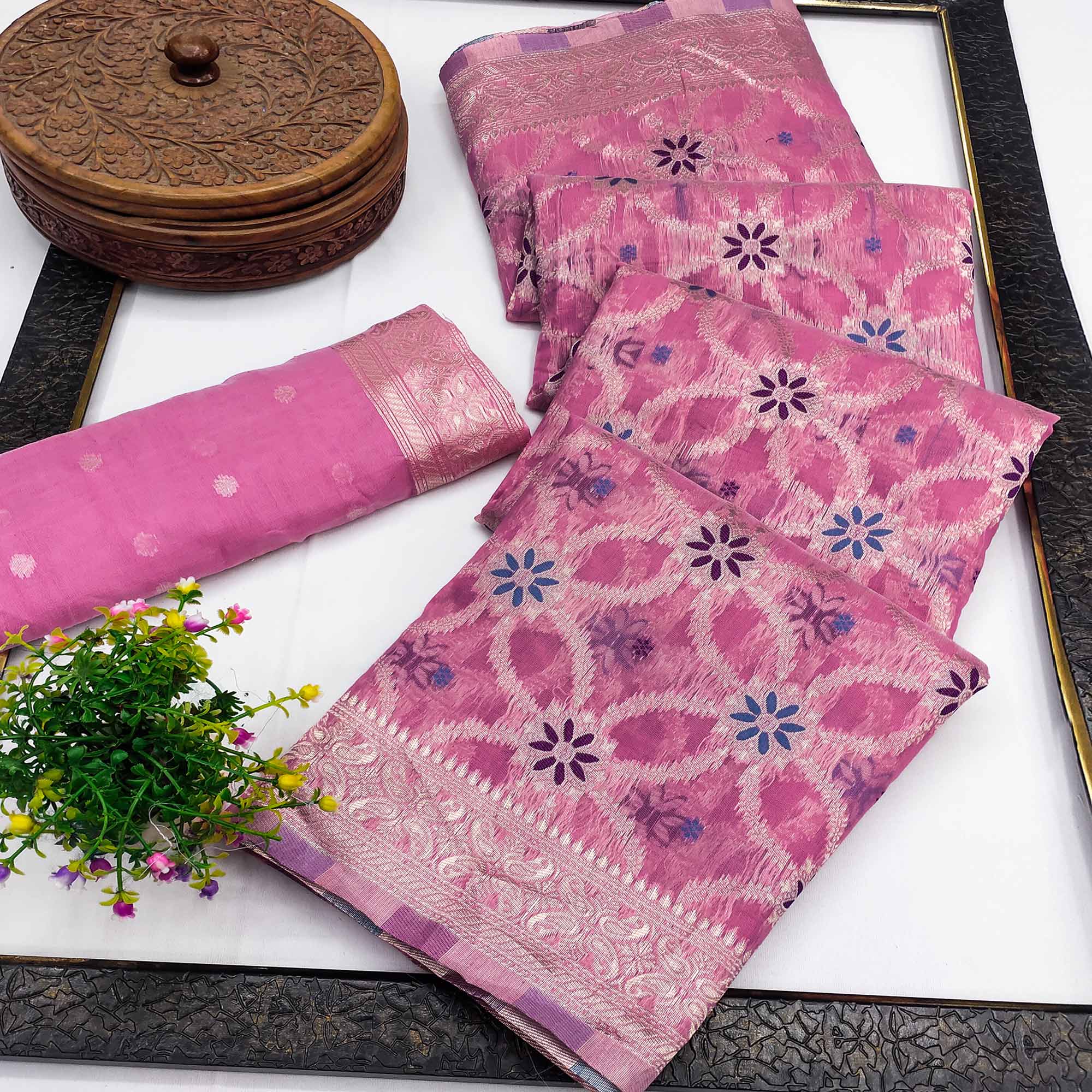 Rich Pink Saree in Banarasi Silk with Heritage Floral Zari Design