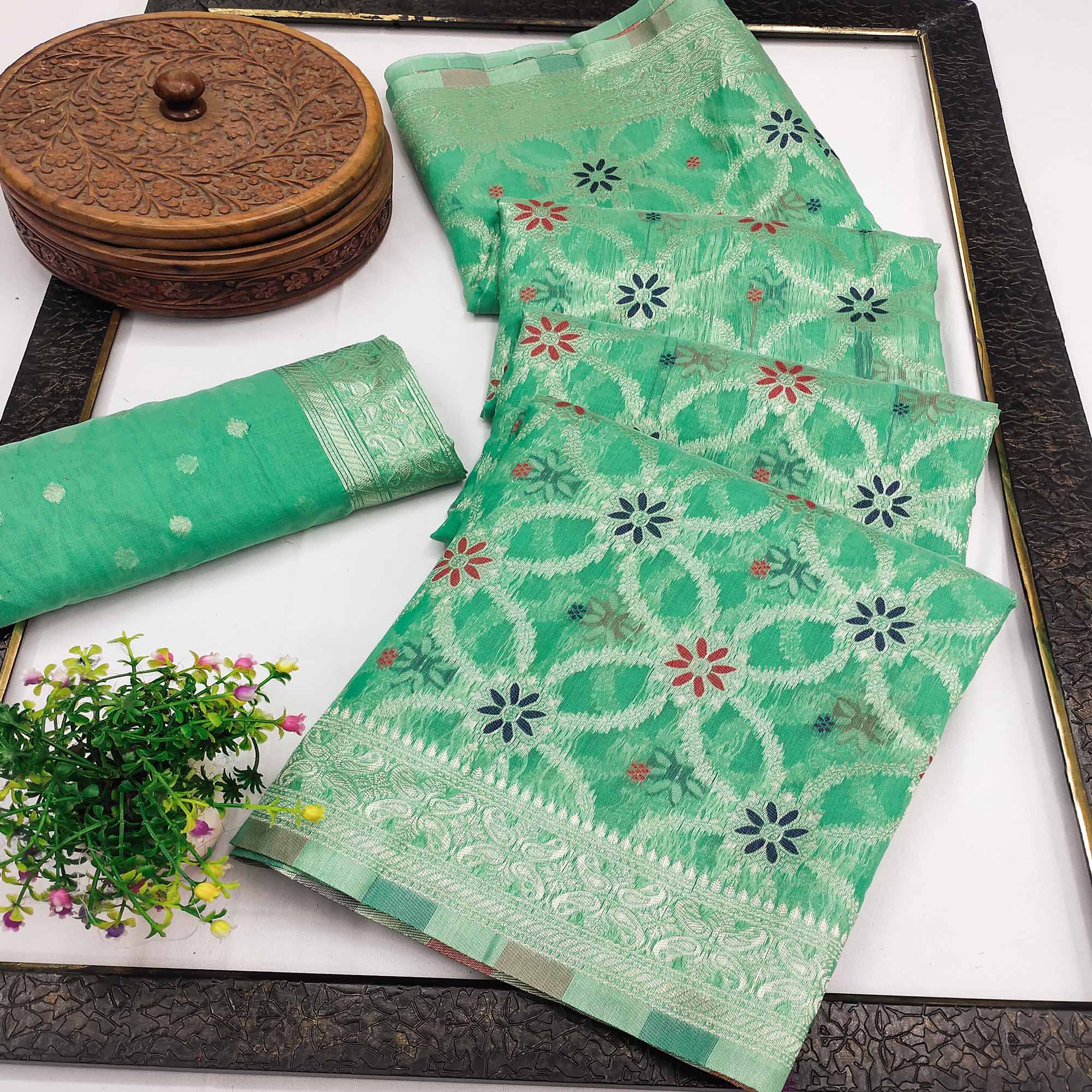 Rich Sea Green Saree in Banarasi Silk with Heritage Floral Zari Design
