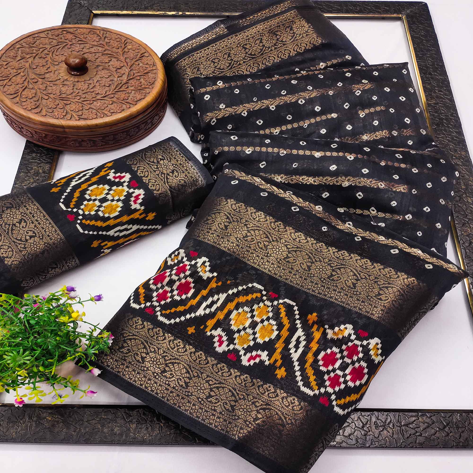 Black Bandhani Printed Dola Silk Saree Enhanced With Fine Weaving Accents