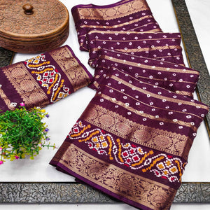 Deep Purple Bandhani Printed Dola Silk Saree Enhanced With Fine Weaving Accents