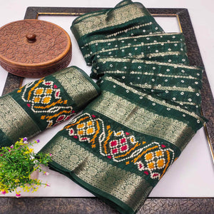 Green Bandhani Printed Dola Silk Saree Enhanced With Fine Weaving Accents