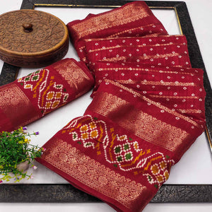 Red Bandhani Printed Dola Silk Saree Enhanced With Fine Weaving Accents