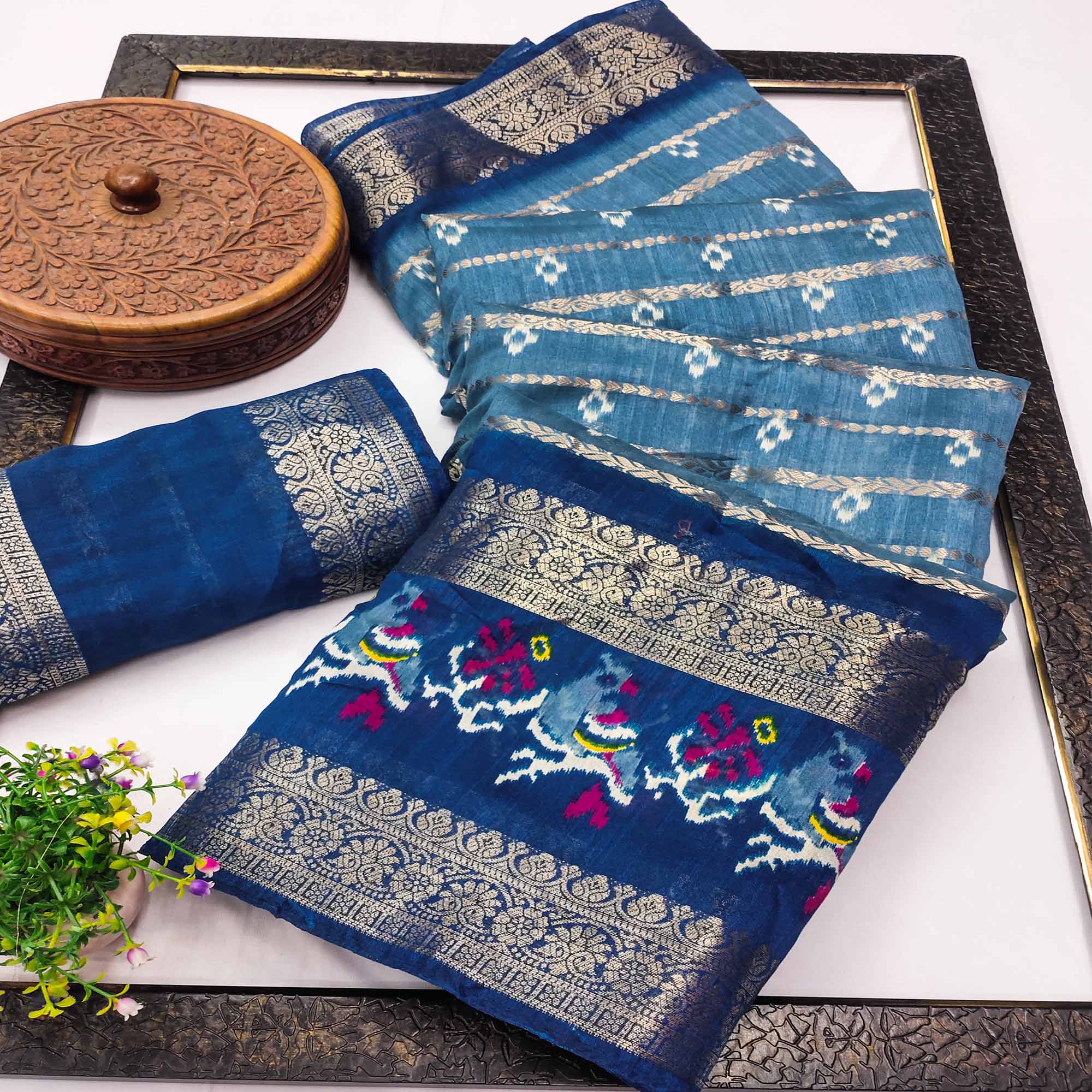 Blue Ikkat Printed Dola Silk Saree With Elegant Weaving Work