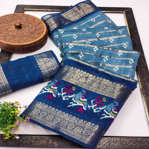 Blue Ikkat Printed Dola Silk Saree With Elegant Weaving Work