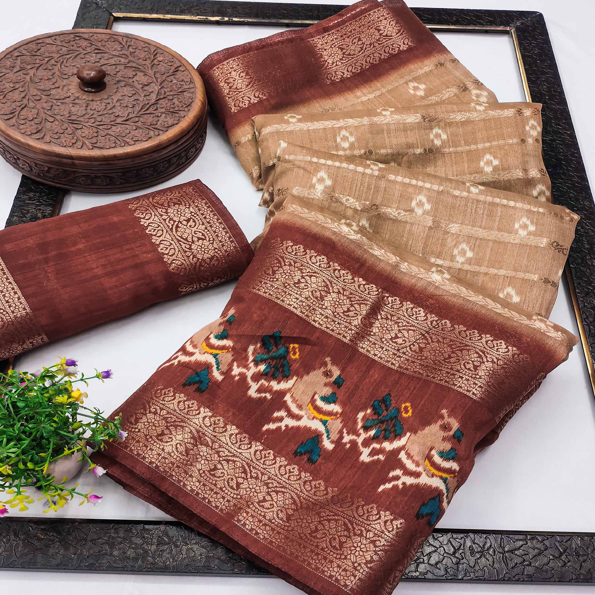 Chikoo Ikkat Printed Dola Silk Saree With Elegant Weaving Work