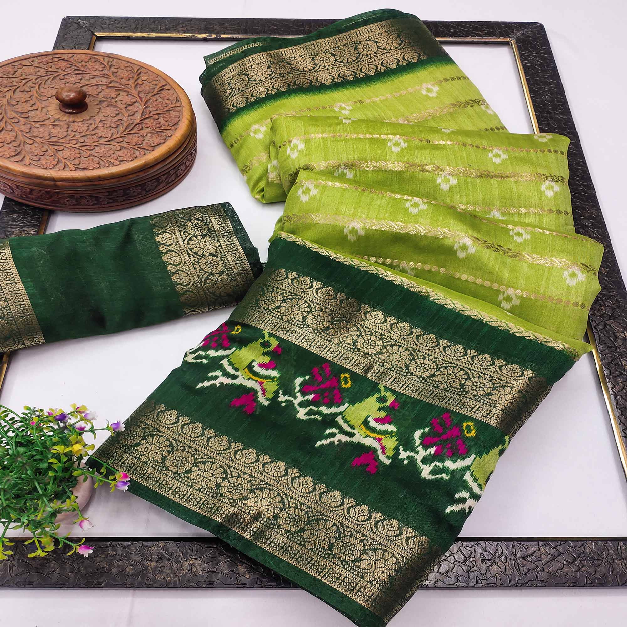 Green Ikkat Printed Dola Silk Saree With Elegant Weaving Work