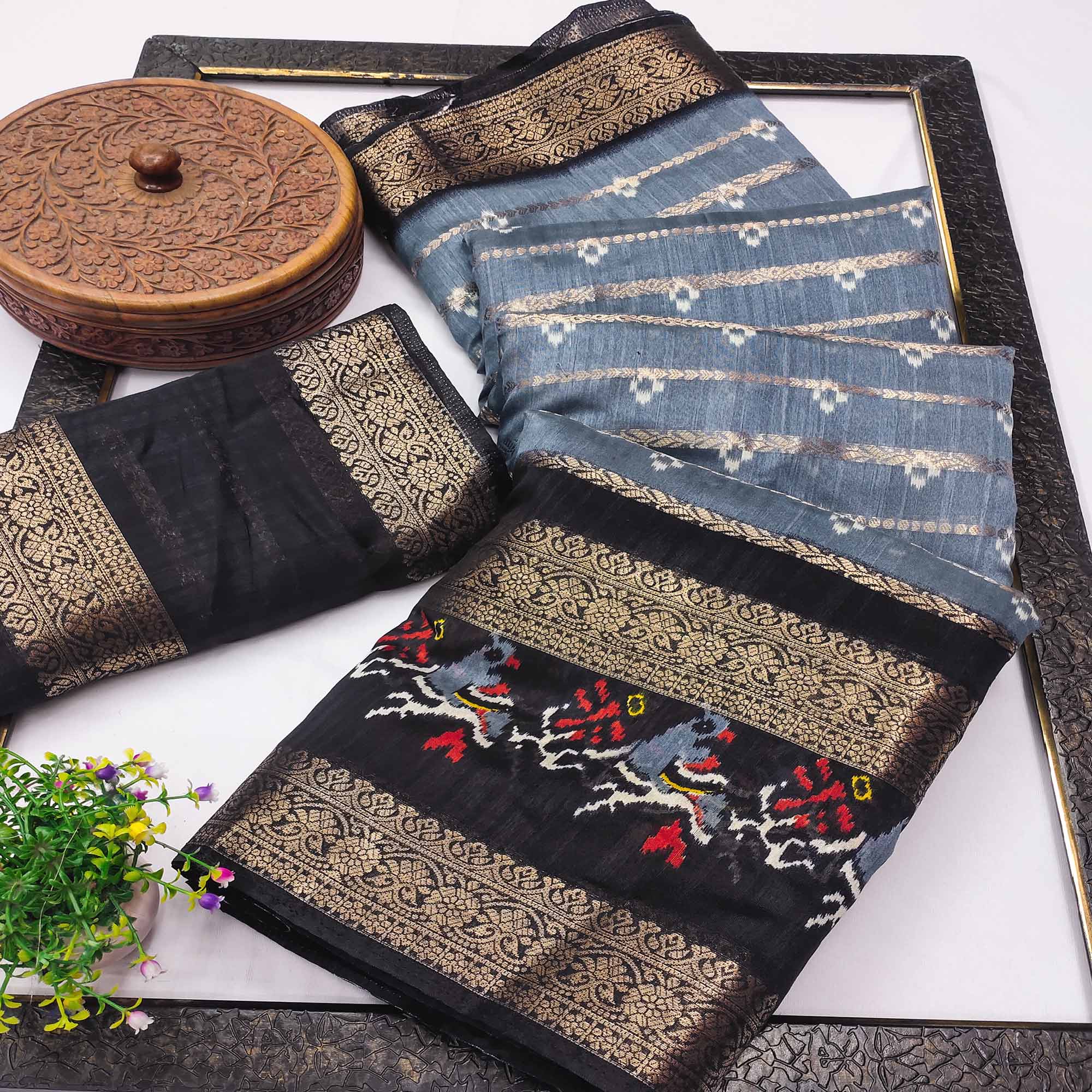 Grey & Black Ikkat Printed Dola Silk Saree With Elegant Weaving Work