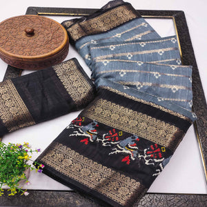 Grey & Black Ikkat Printed Dola Silk Saree With Elegant Weaving Work