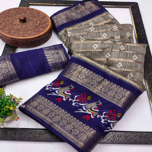 Grey & Navy Blue Ikkat Printed Dola Silk Saree With Elegant Weaving Work