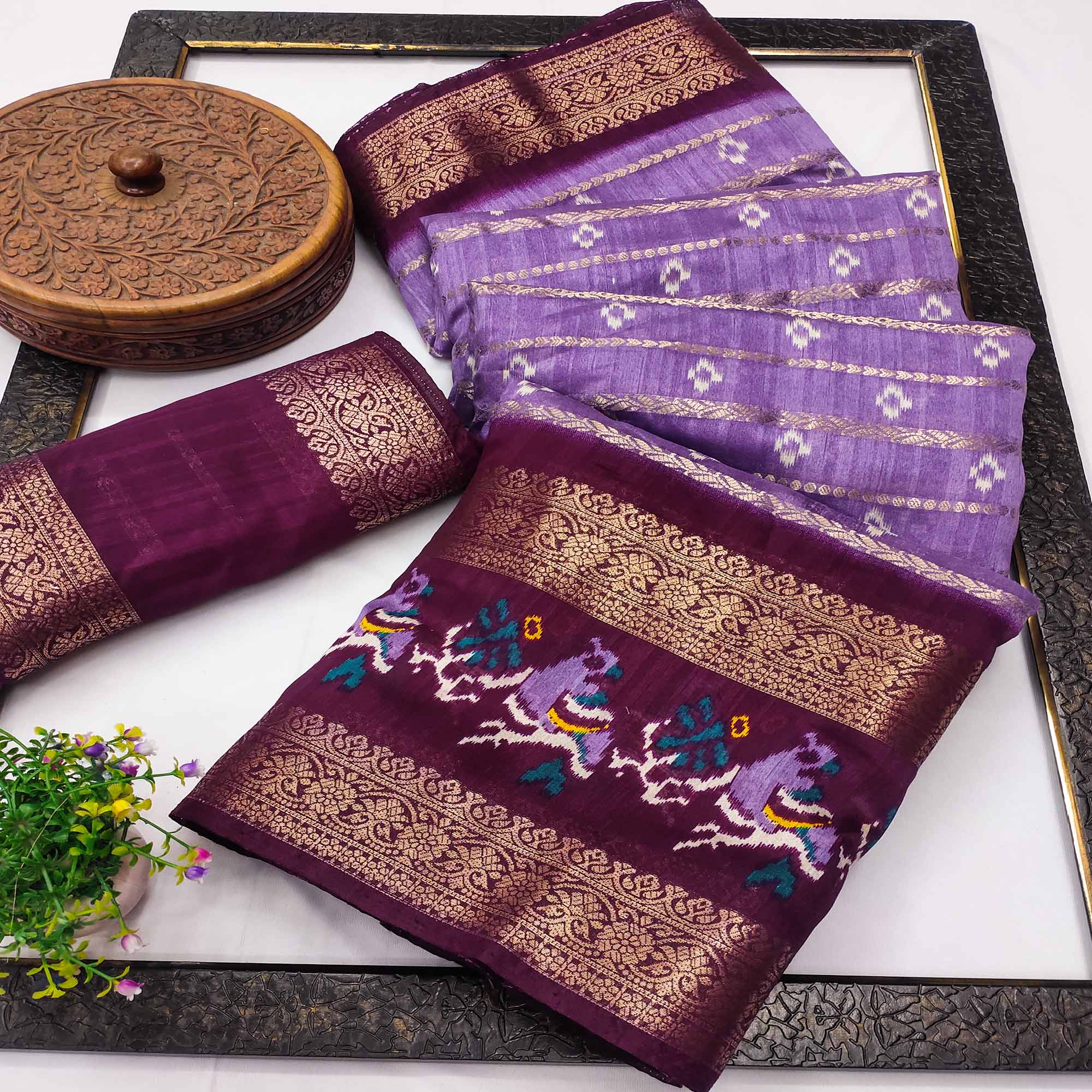 Lavender Ikkat Printed Dola Silk Saree With Elegant Weaving Work