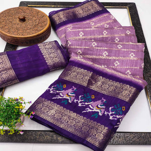Lilac Purple Ikkat Printed Dola Silk Saree With Elegant Weaving Work