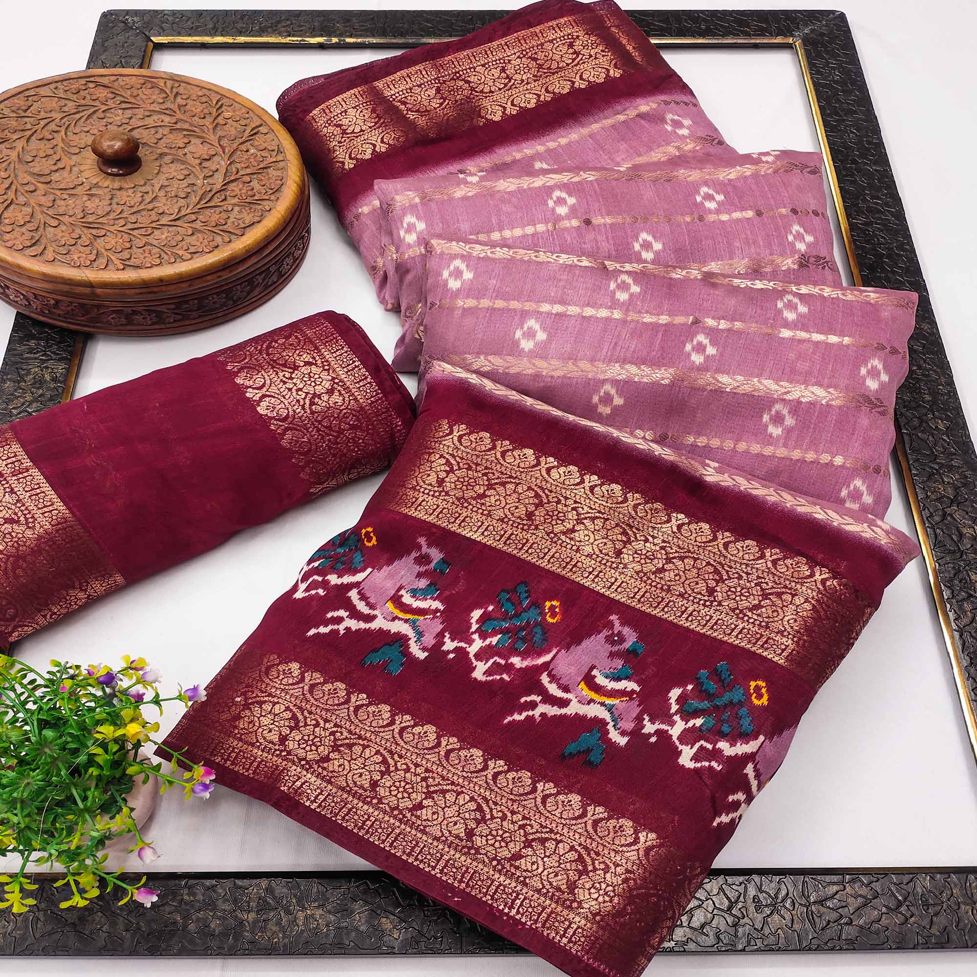 Pink Ikkat Printed Dola Silk Saree With Elegant Weaving Work