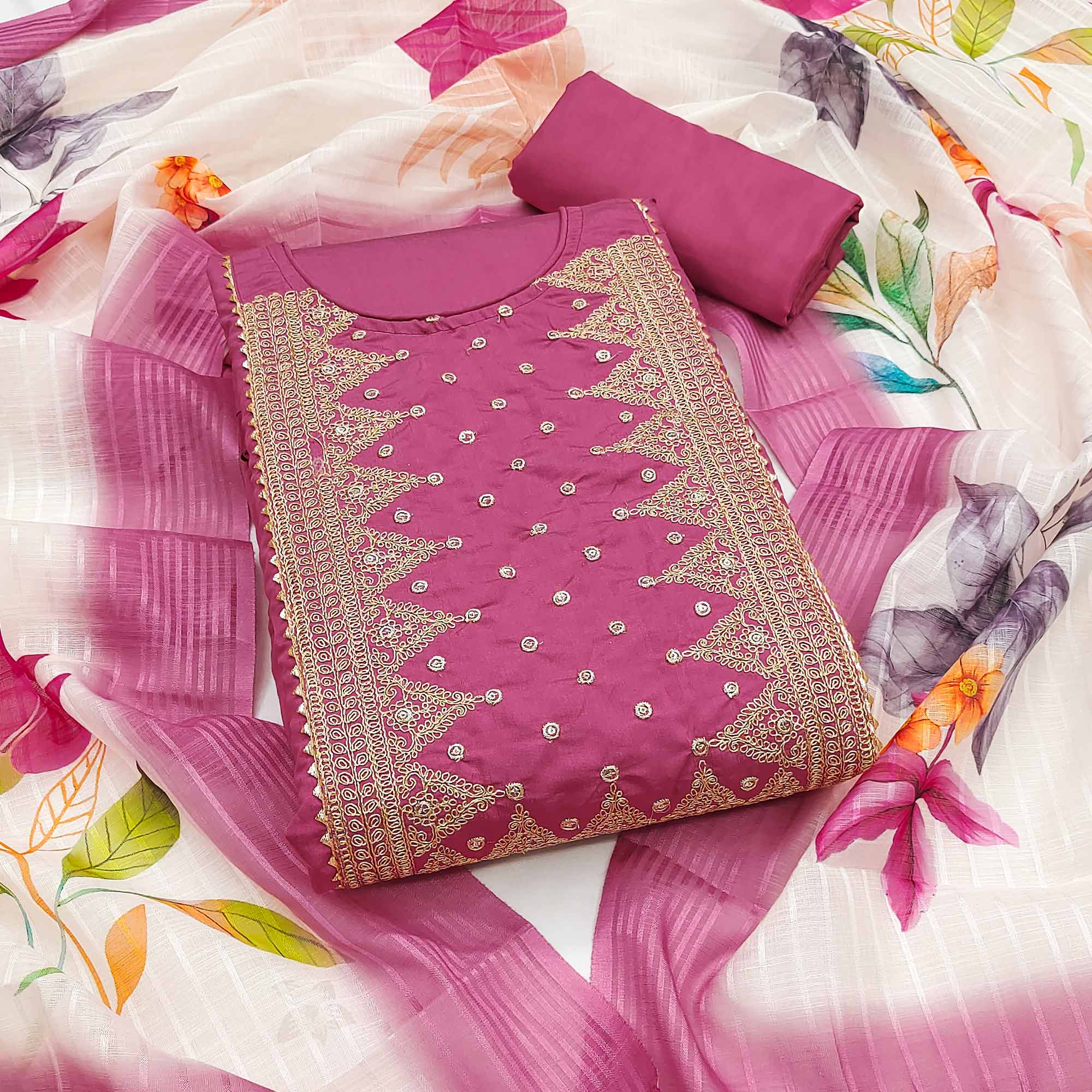 Dusty Pink Golden Thread Embroidered On Viscose Dress Material