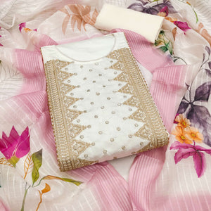 Off White Golden Thread Embroidered Viscose Dress Material