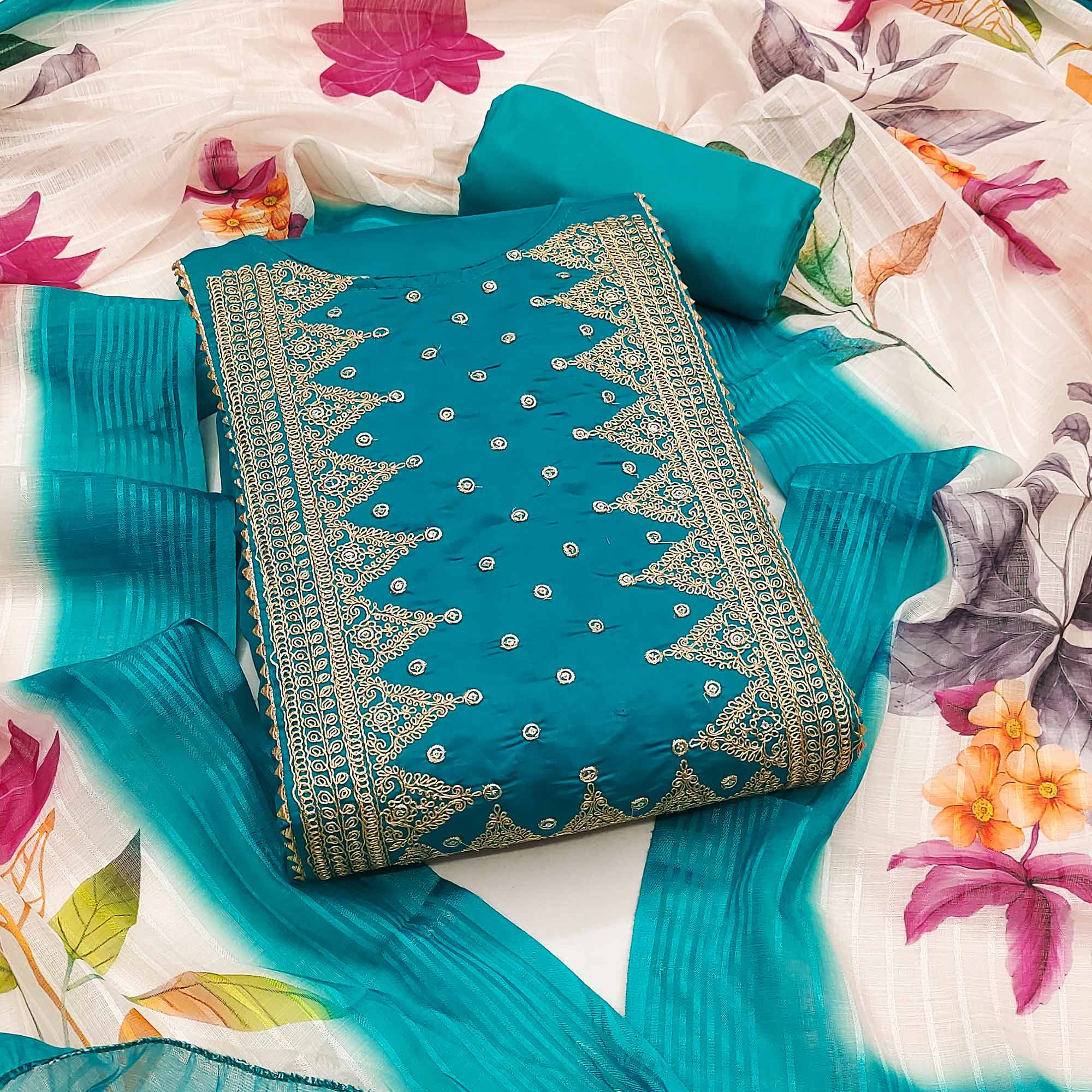 Teal Golden Thread Embroidered On Viscose Dress Material