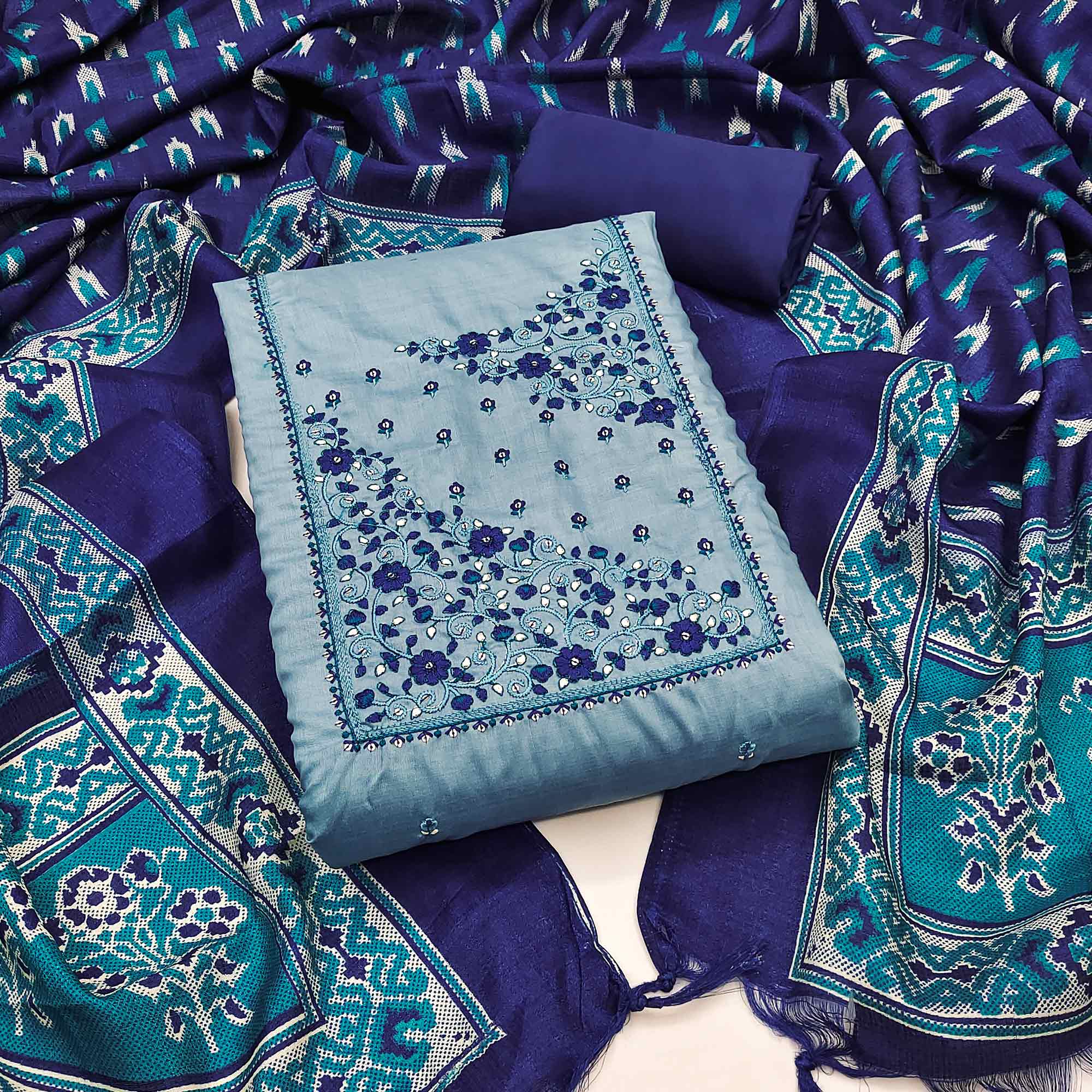 Luxury Blue Chanderi Silk Floral Sequin Embroidered Work Dress Material