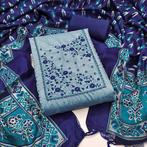 Luxury Blue Chanderi Silk Floral Sequin Embroidered Work Dress Material