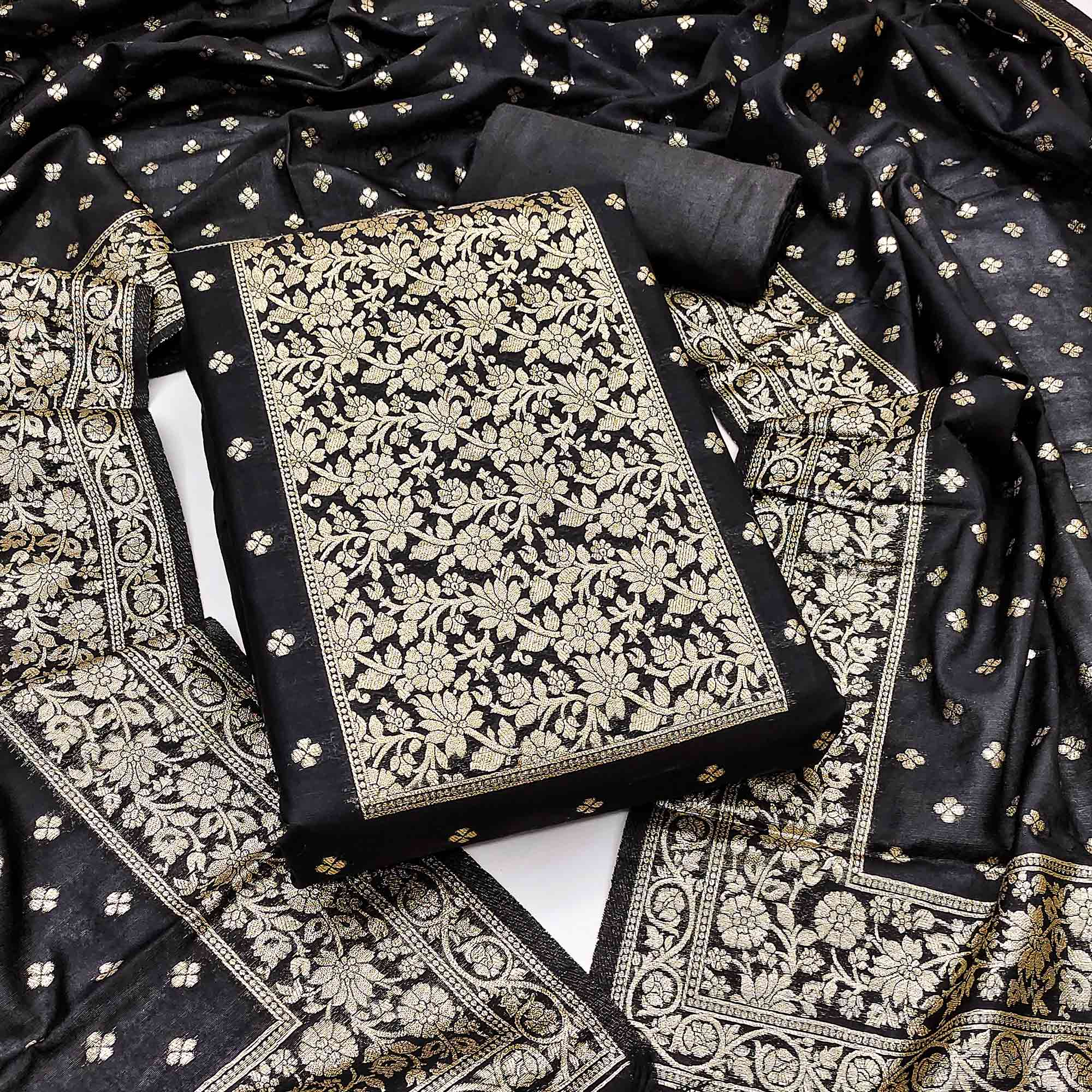Classic Black Floral Zari Weaving Dress Material In Banarasi Silk