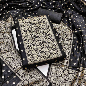 Classic Black Floral Zari Weaving Dress Material In Banarasi Silk