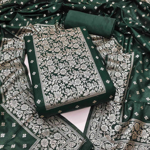 Luxurious Green Banarasi Silk With Floral Zari Weaving Work Dress Material