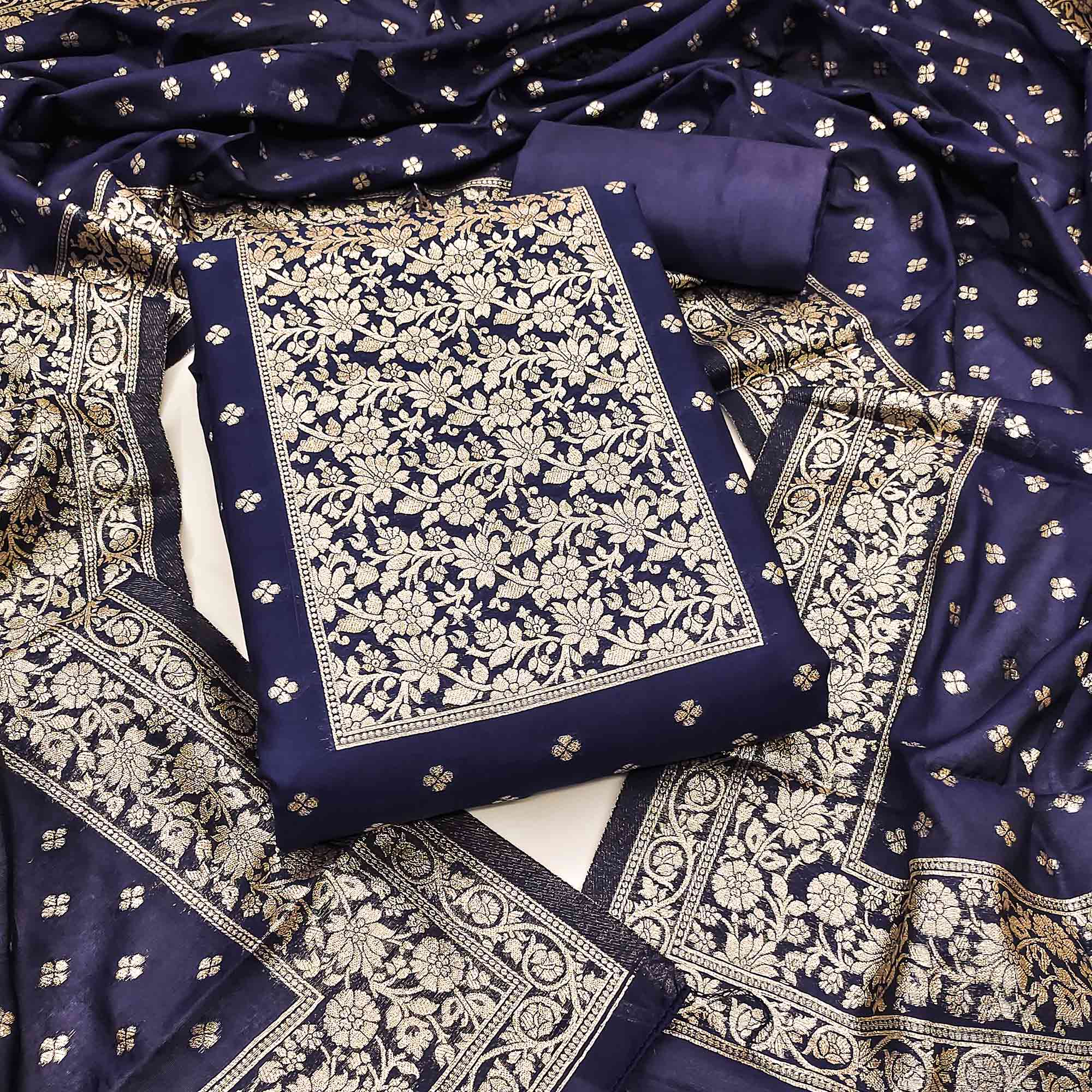 Ornate Navy Blue Banarasi Silk With Floral Zari Weaving Work Dress Mat Ornate Navy Blue Banarasi Silk With Floral Zari Weaving Work Dress Mat