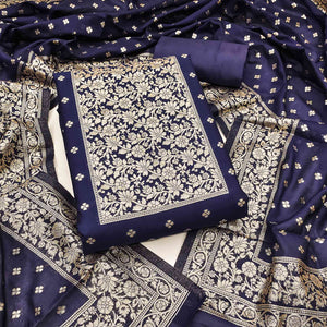 Ornate Navy Blue Banarasi Silk With Floral Zari Weaving Work Dress Material