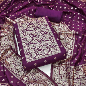 Opulent Wine Floral Zari Weaving Work Dress Material In Banarasi Silk