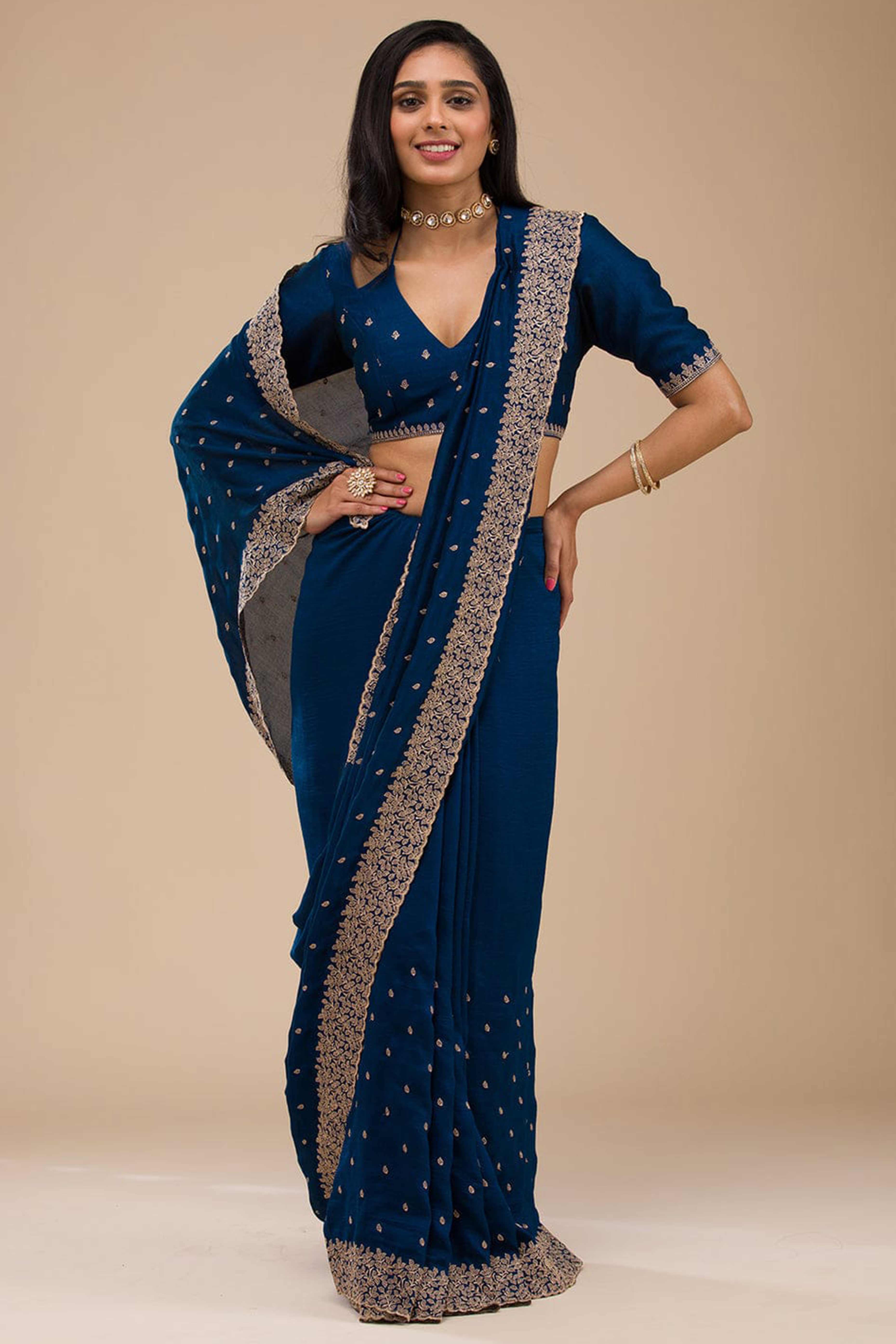 Sophisticated Blue Saree in Vichitra Silk with All-Over Floral Embroidered