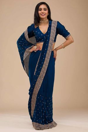 Sophisticated Blue Saree in Vichitra Silk with All-Over Floral Embroidered