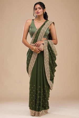 Sophisticated Green Saree in Vichitra Silk with All-Over Floral Embroidered