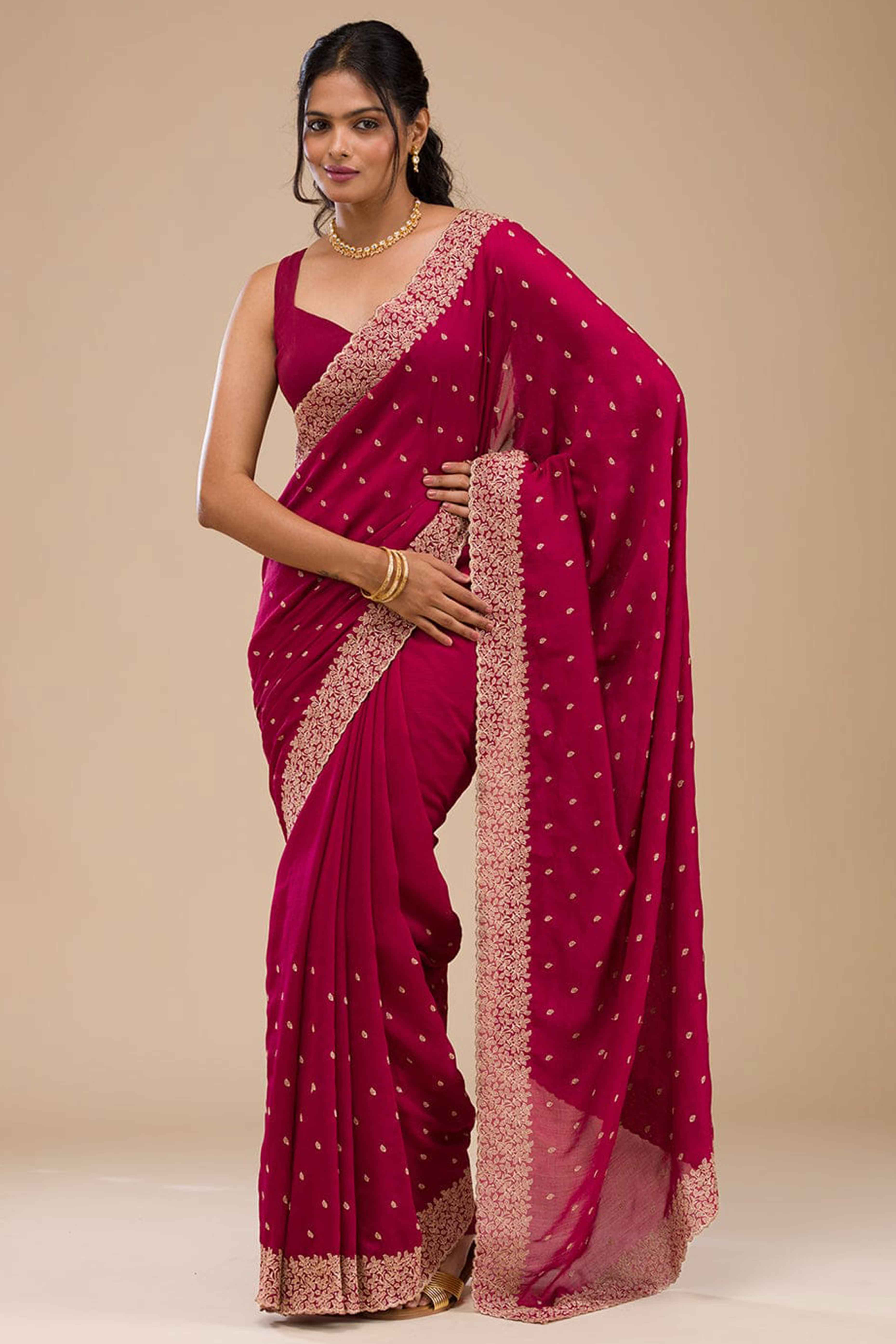 Sophisticated Pink Saree in Vichitra Silk with All-Over Floral Embroidered